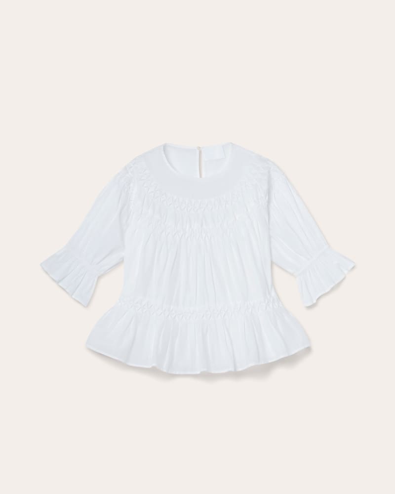 Front of a size L Sol Smocked Top in White by Merlette. | dia_product_style_image_id:348264